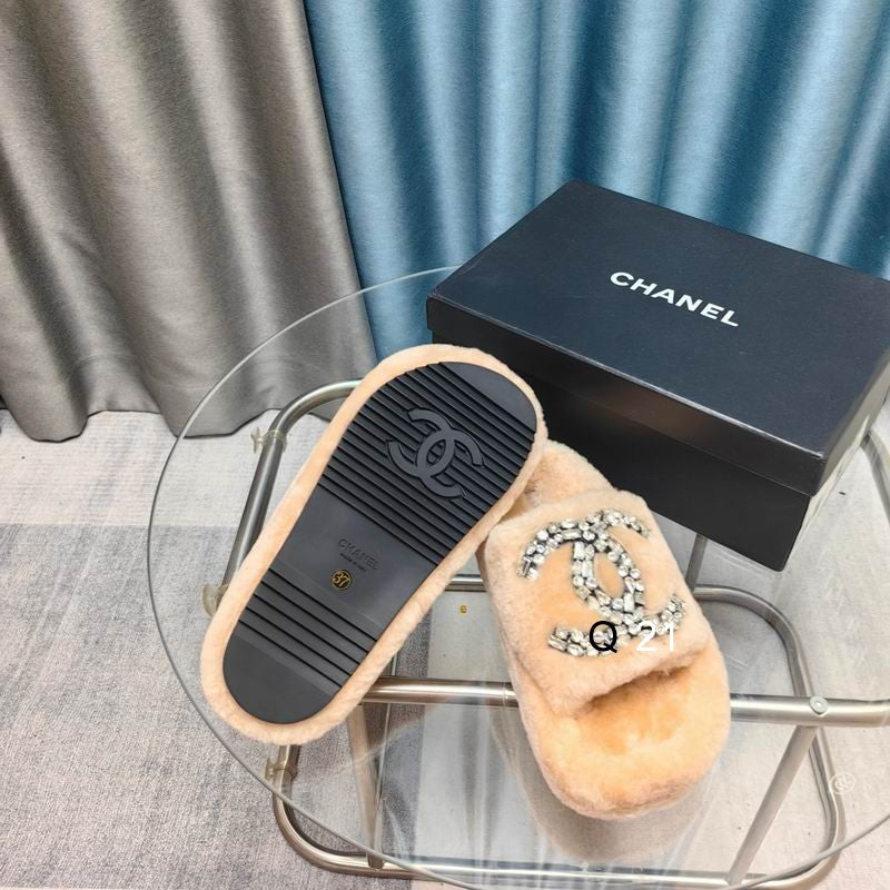 Chanel Shearling Logo Slides