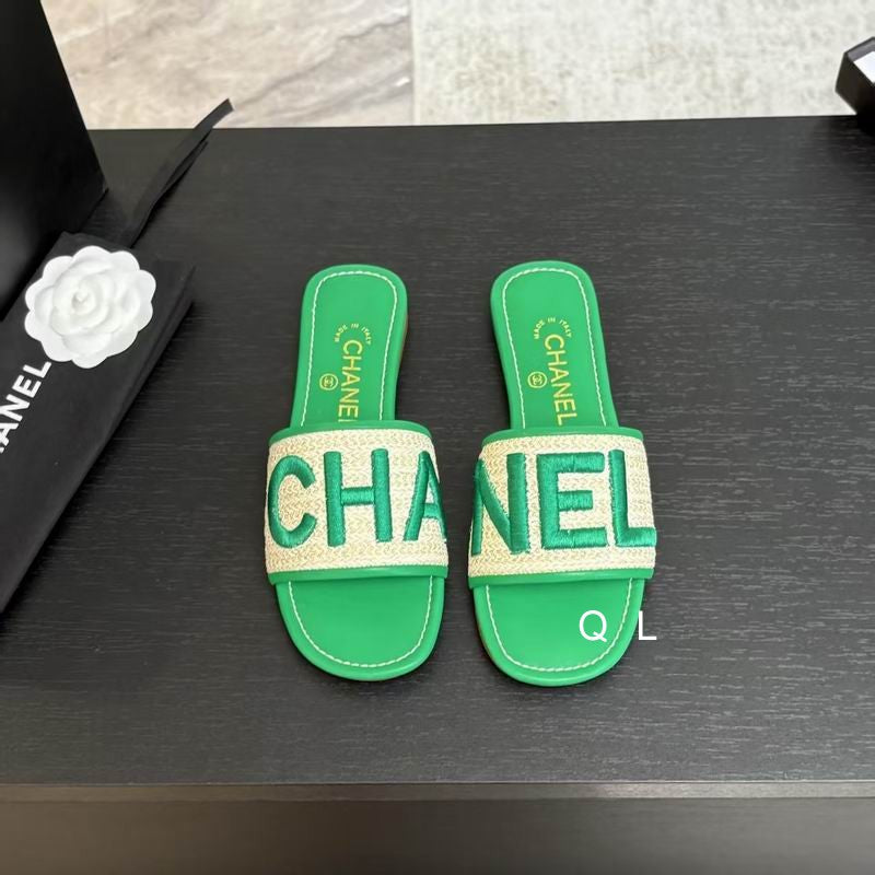 Chanel Raffia Logo Slide Sandals
