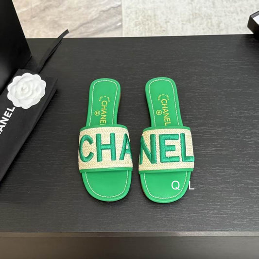 Chanel Raffia Logo Slide Sandals