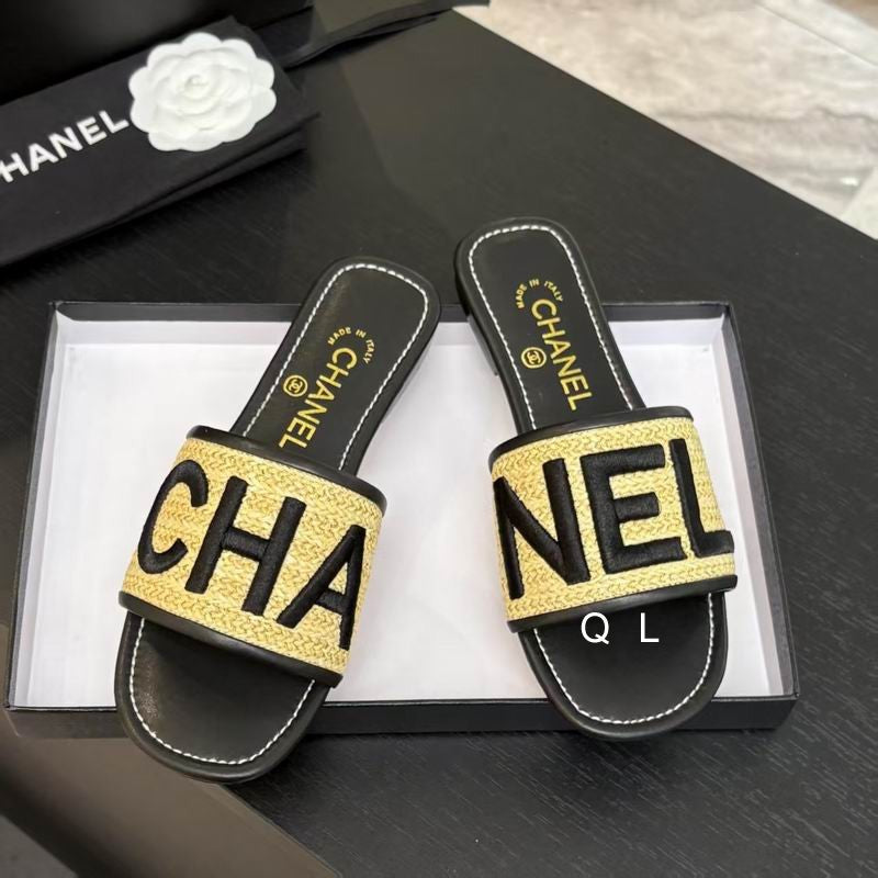 Chanel Raffia Logo Slide Sandals