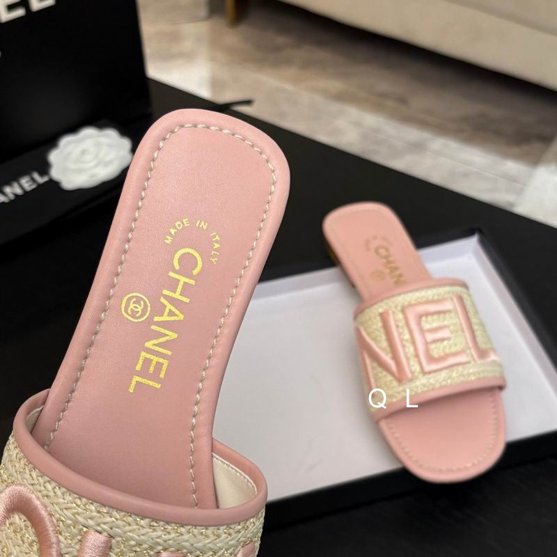Chanel Raffia Logo Slide Sandals