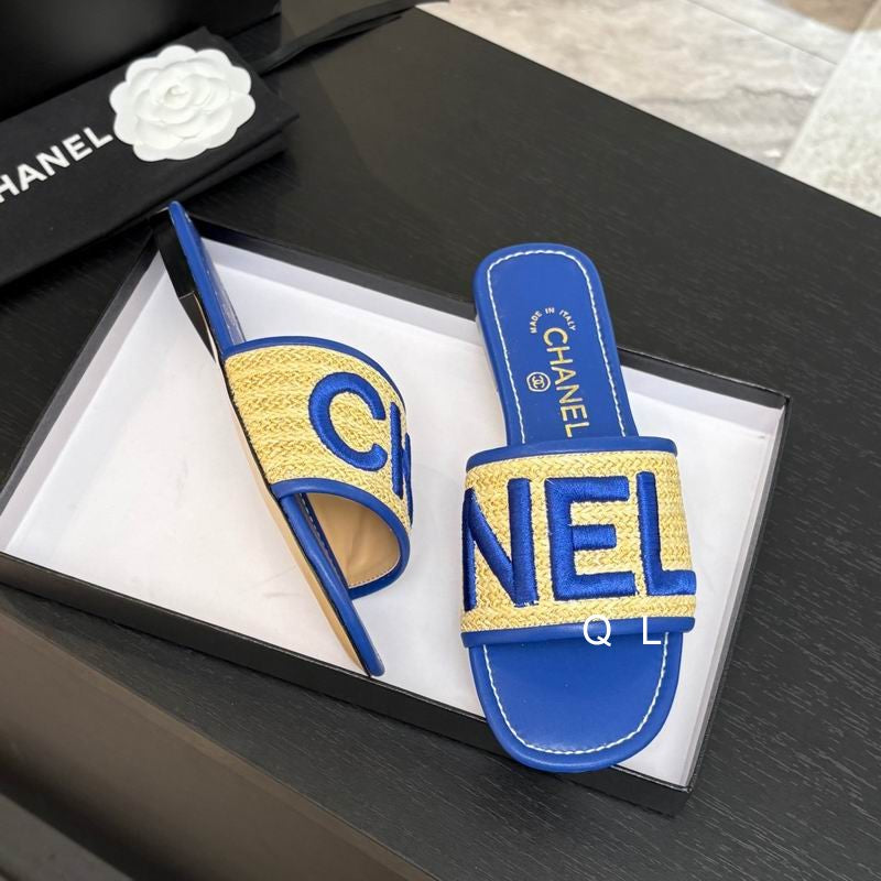 Chanel Raffia Logo Slide Sandals