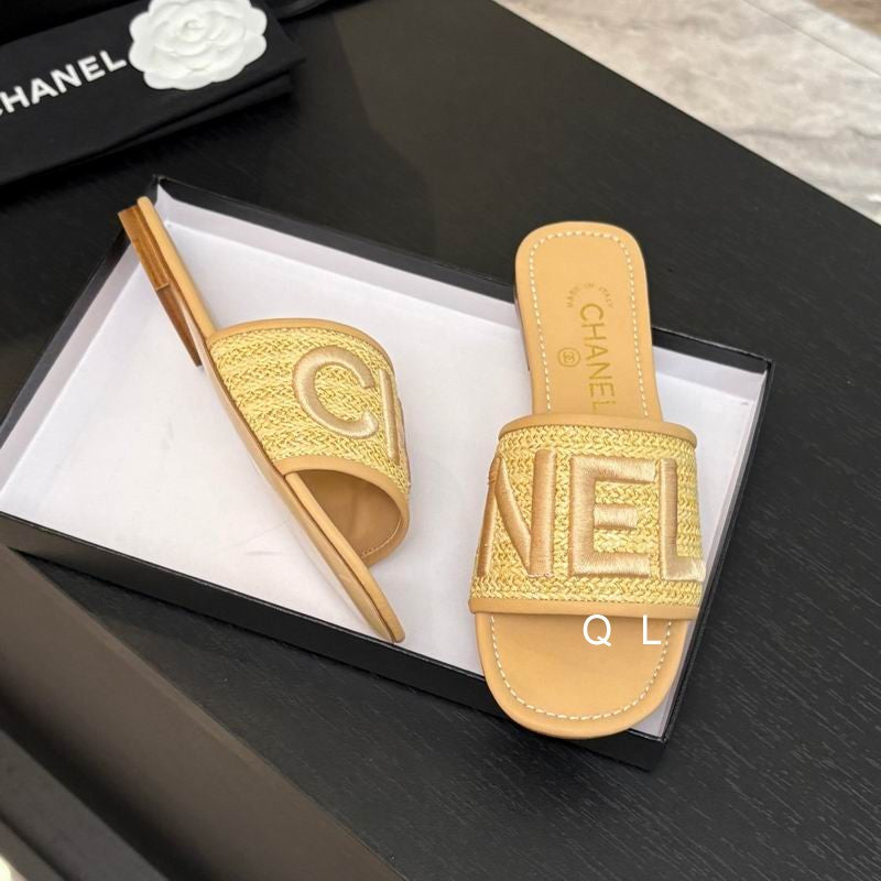 Chanel Raffia Logo Slide Sandals