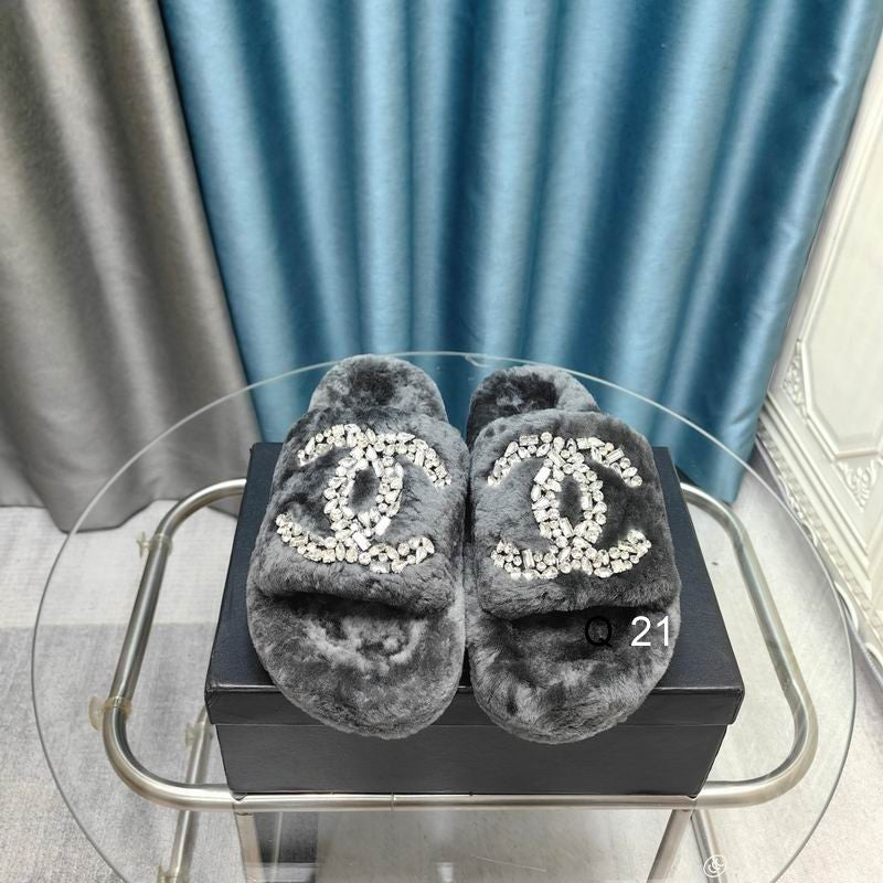 Chanel Shearling Logo Slides