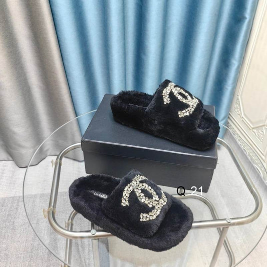 Chanel Shearling Logo Slides