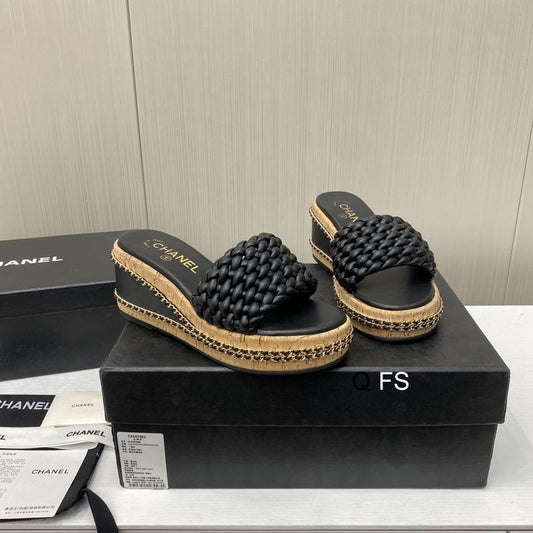 Chanel Braided Platform Wedge Slides